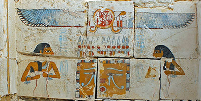 This detail of the burial chamber shows the goddesses Neith and Nut protecting the canopic shrine of Senebkay.