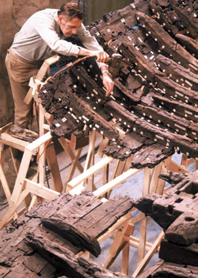 Dick Steffy, a member of Bass' team, left his business in order to become a shipwreck (or nautical) archaeologist. Here, he is pictured reassembling the Kyrenia wreck. Here, he is pictured reassembling the Kyrenia wreck. He often referred to himself as an "ancient ship reconstructor."