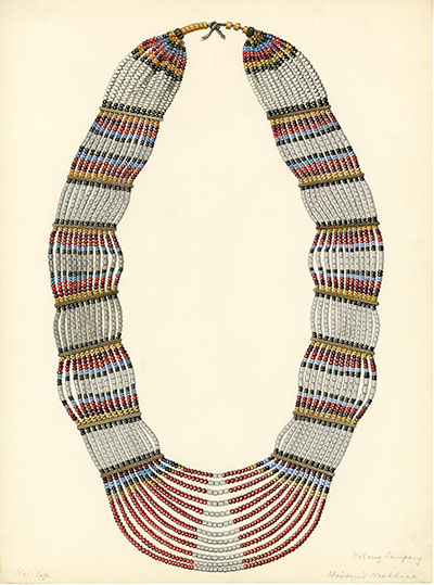 Tunjung girl’s necklace of glass beads. Mahakam River, Kalimantan, Borneo, 1896–1897 (UPM object #P17). Drawing by unknown artist, ca. 1900. Gift of Alfred C. Harrison, Jr. UPM image #238716.