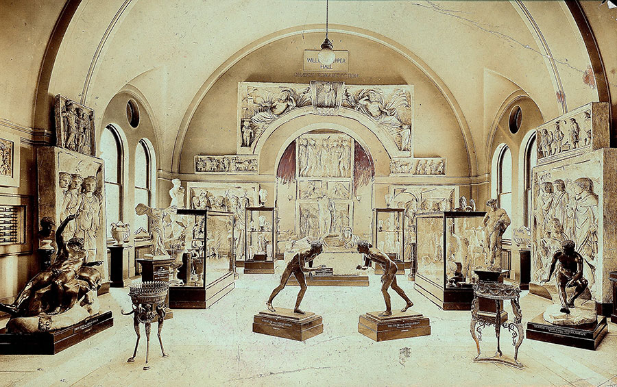 View of the “Graeco- Roman Section” in Pepper Hall with the Wanamaker bronzes, Penn Museum, ca. 1905. Photo courtesy University of Pennsylvania Archives.