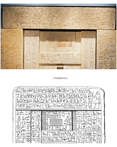TOP: Upper part of Kaipure’s false door in the Penn Museum. UPM object #E15729. BOTTOM: Mariette’s hand copy of the false door, printed with incorrect orientation.