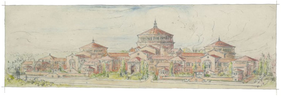 Revised Sketch of the University Museum, University of Pennsylvania” by Wilson Eyre, 1911. The Harrison Rotunda is on the right. UPM image #253515