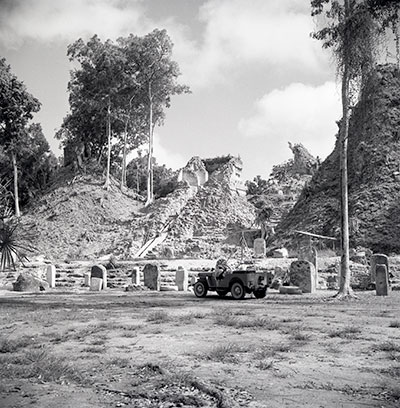 Temple of the Red Stela as seen from the Great Plaza, looking northwest showing Temple 33 to the right and Temple 35 to the left. UPM image #59-17-308. Photo by Stuart Scott.