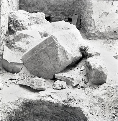 Stela 26 (the Red Stela) found in the rear room of Structure 5D-34 in 1958. UPM image #58-4-367. Photo by William Coe.