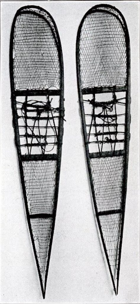 A par of extremely long and narrow snowshoes with a very rounded top