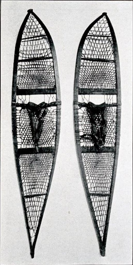 A pair of long snow shoes with angular ends