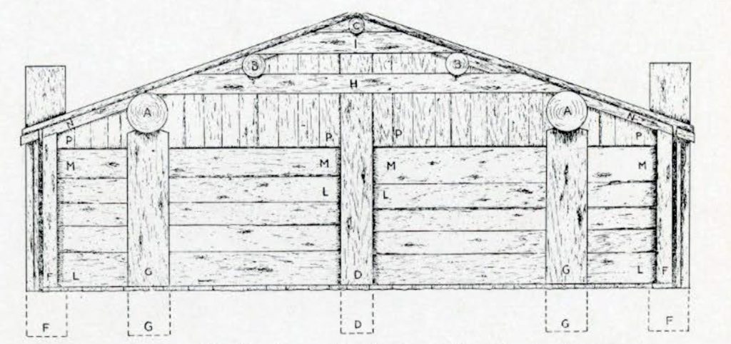 A drawing of the framework of an interior wall of a wood house