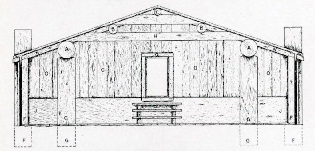 A drawing of the framework of an interior front wall of a wood house