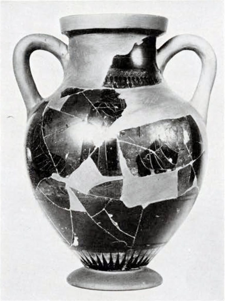 Black figured amphora showing Citharode alone, many pieces missing