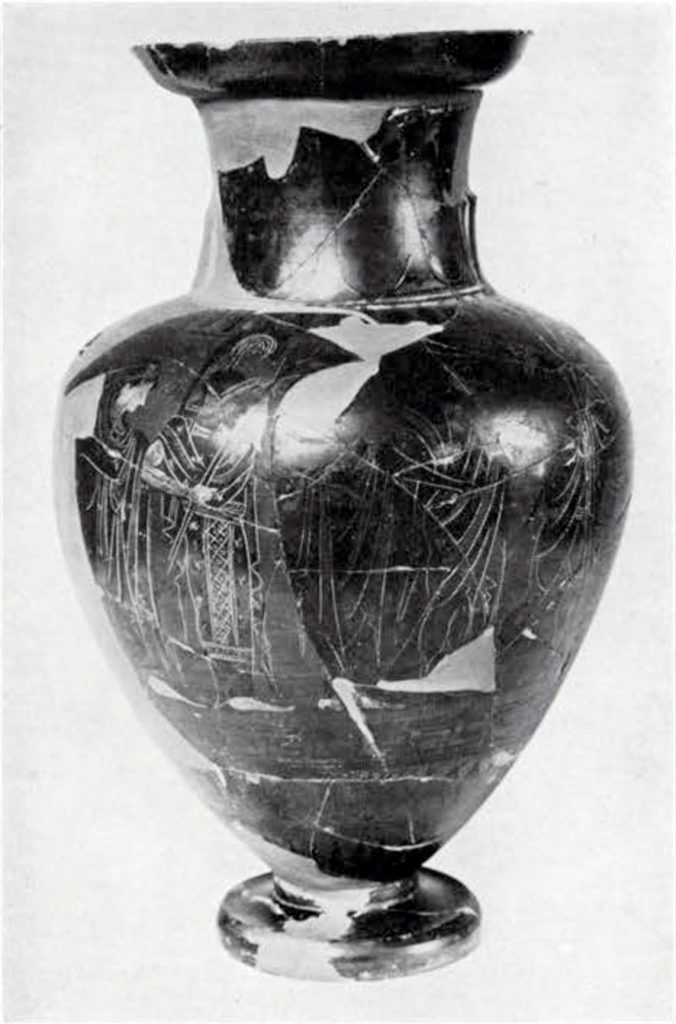 A black figured amphora showing the Judgement of Paris, with Athena and Hermes