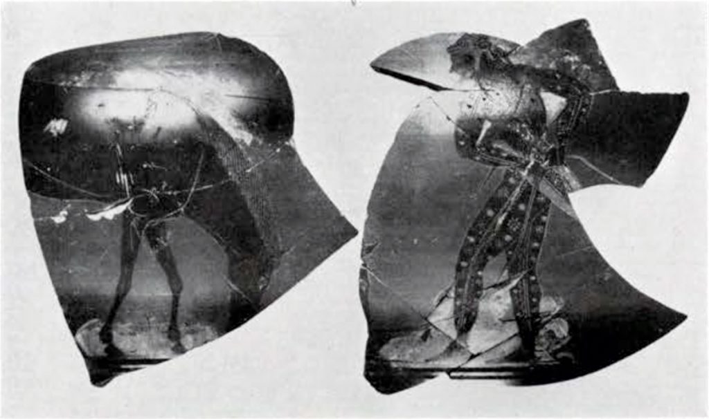 Fragments of a black figured amphora showing an archer in Scythian costume grazing his horse