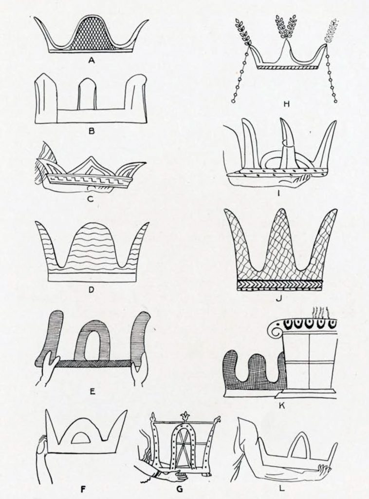A drawing of twelve objects in various crown shapes depicted on pottery in museums throughout the world