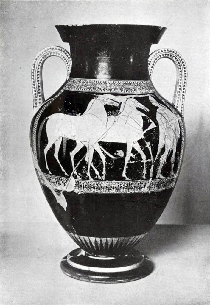 Red figured amphora showing A man and two horses