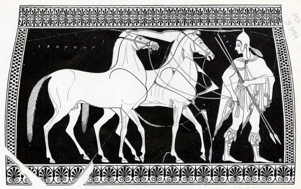 Drawing of the design on the amphora showing two horses and a man in Thracian costume with two spears