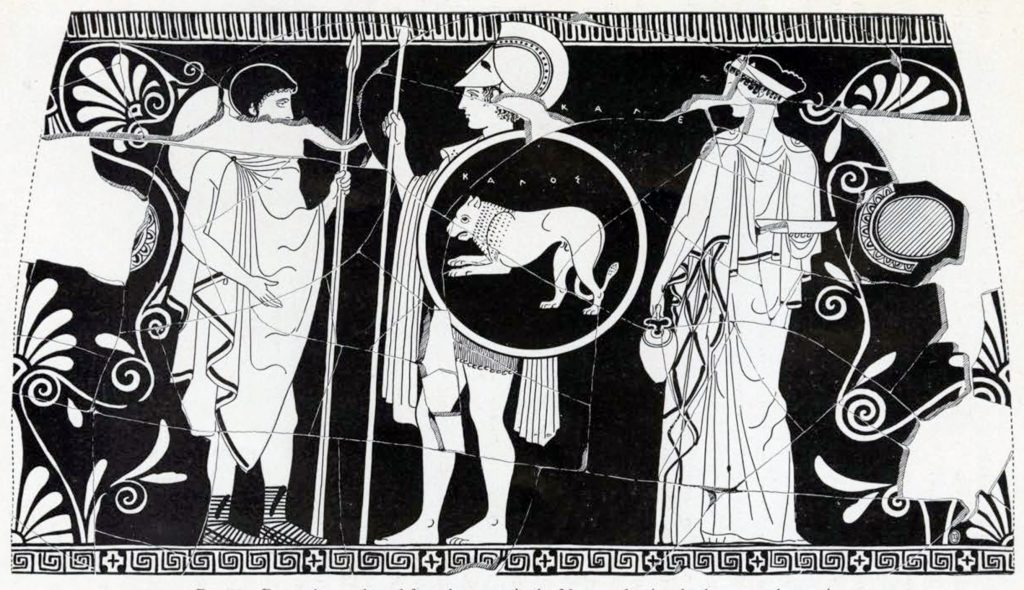 Drawing of the design on the red figured stamnos, showing the warrior, a woman holding an oinochoe, and a man