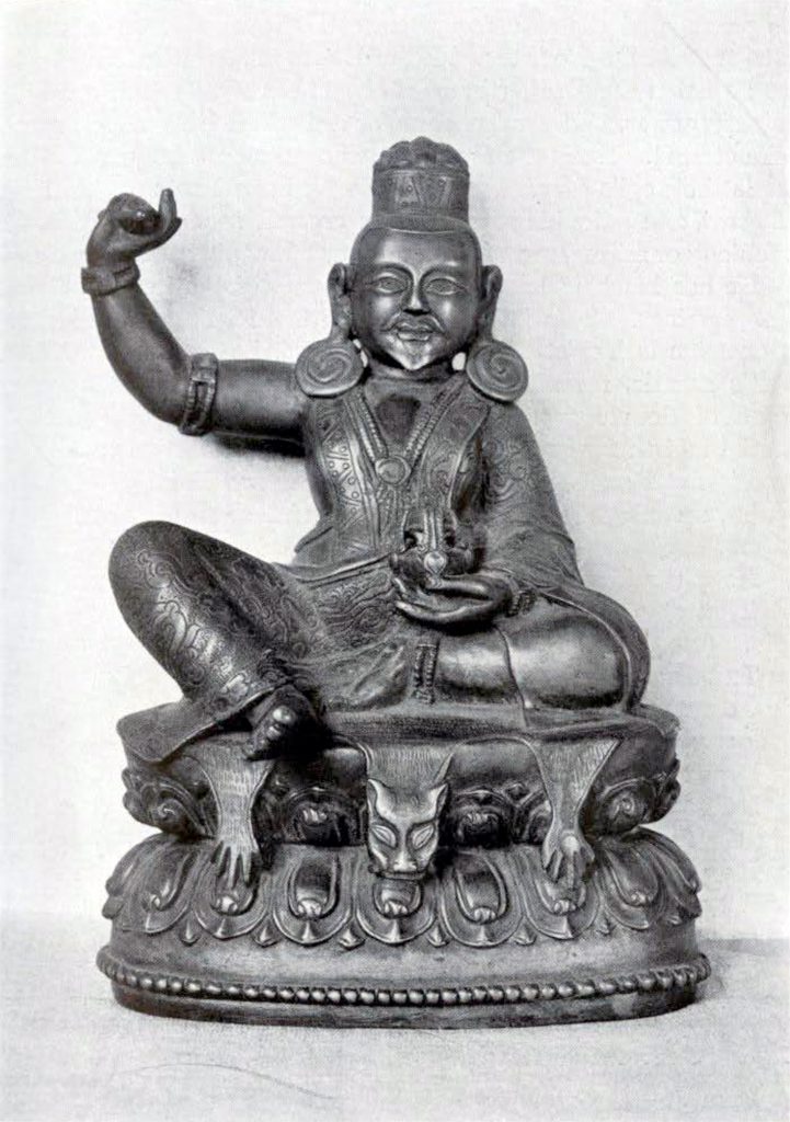 Brass statuette of yogi, Tsangnyon keruka, arms raised to throw a vajra