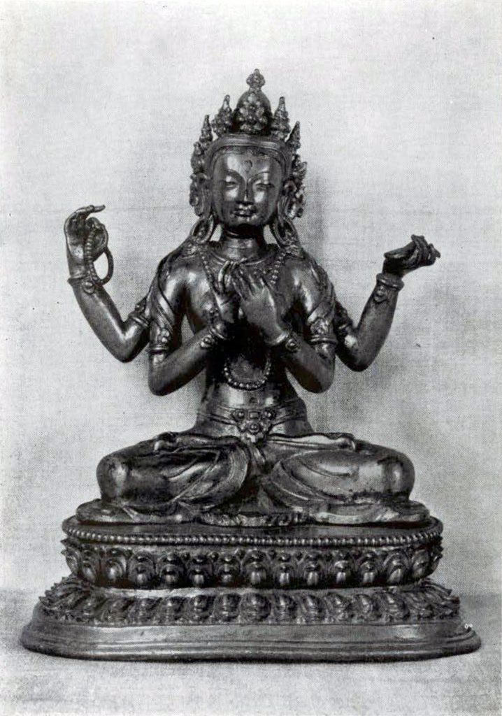 Gilt bronze statuette of Maha Matri or Prajnaparamita, four armed seated cross legged on a lotus