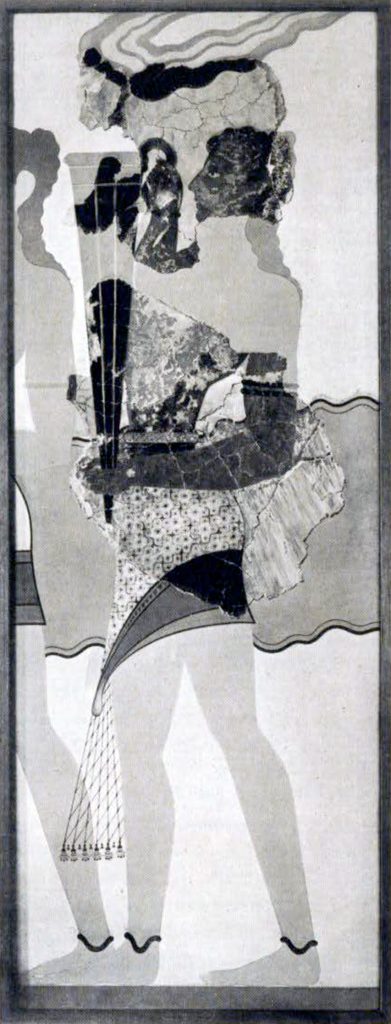 A fresco showing a figure carrying a tall rhyton or cup