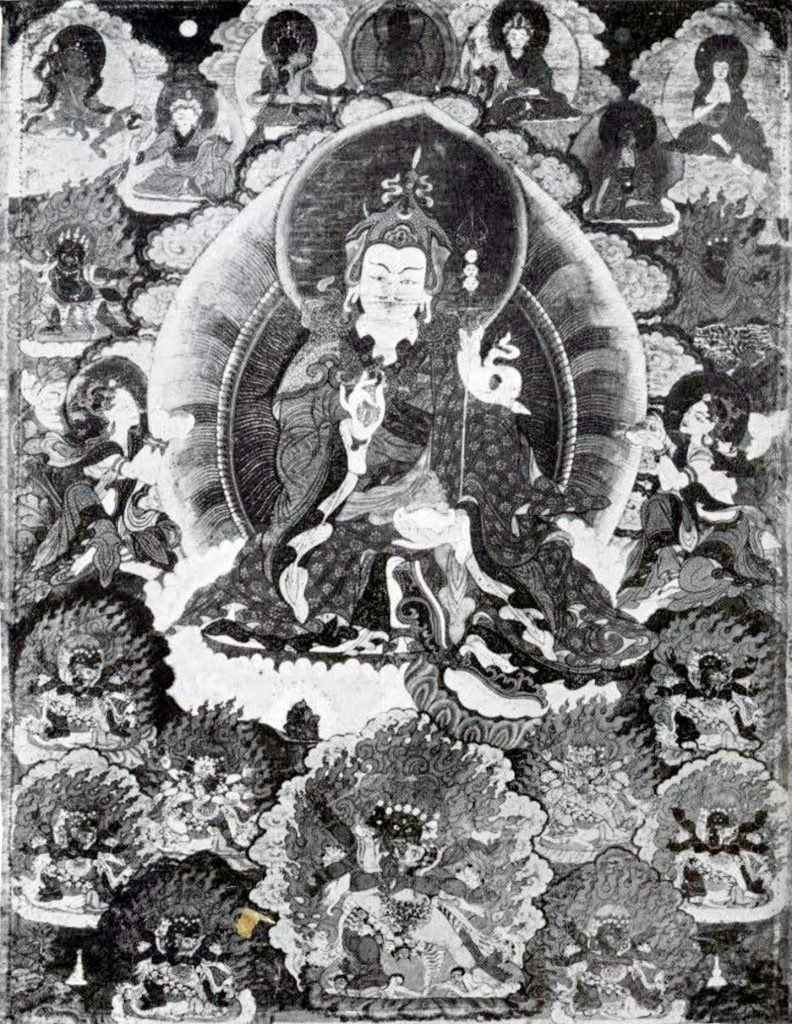 Thangka showing Padmasambhava seated on a lotus, holding a vajra and a skull bowl, surrounded by figures of the pantheon
