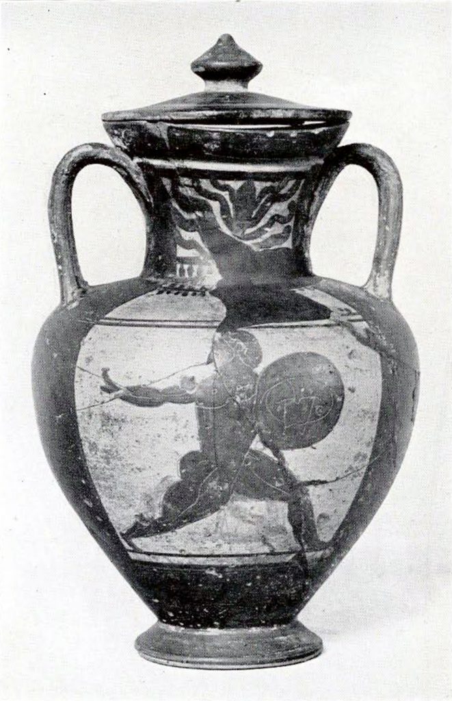 An ionic amphora showing a nude man running with a shield