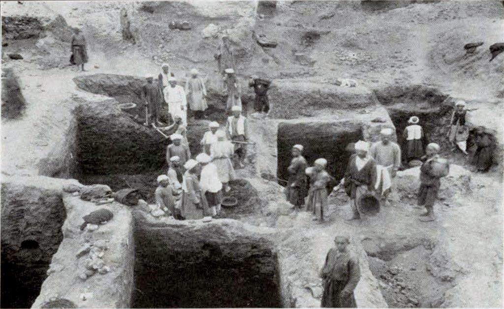 A large group of people taking part in the excavation of the palace uncovering the basic structure
