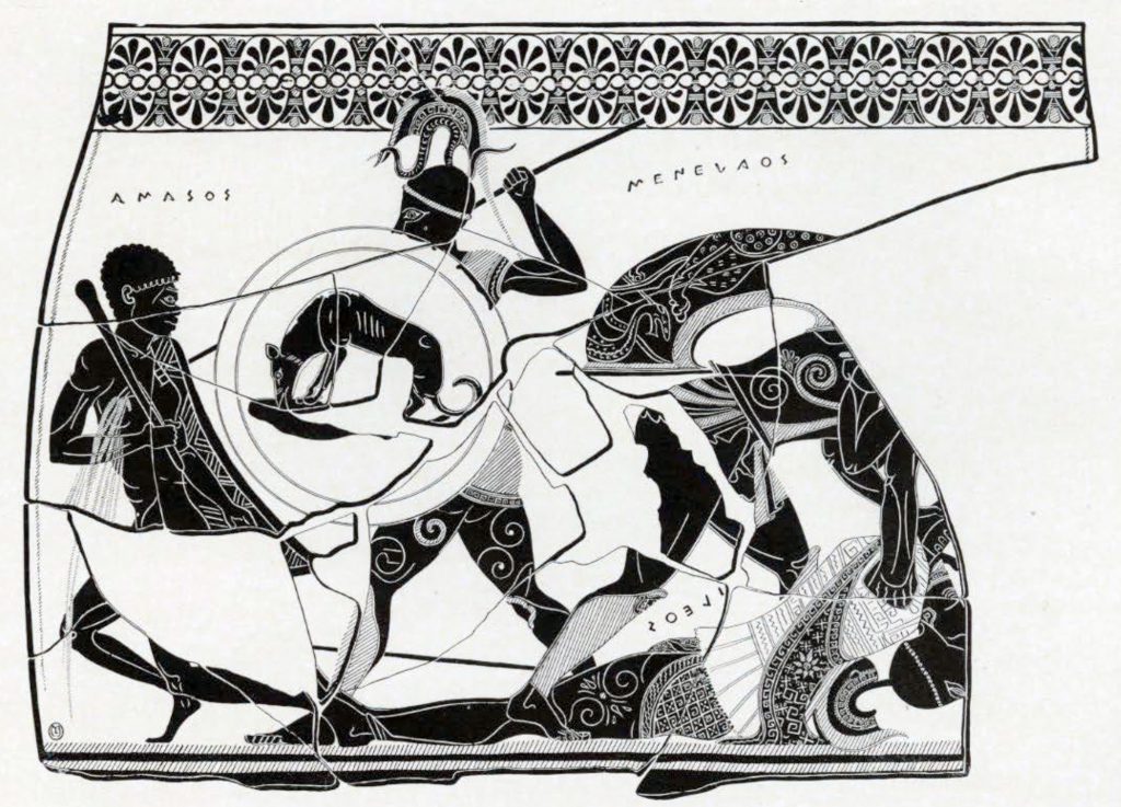 Black figure amphora showing the death of Achilles, Menelaos holding a shield with an animal about to kill a man with a spear while Ajax lifts Achilles dead body