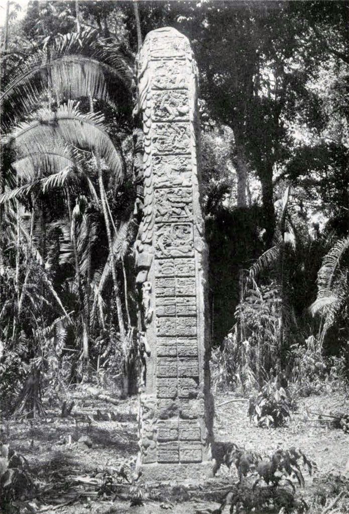 A carved monolith still standing amongst the forest growth
