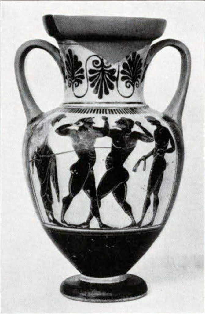 Black figured amphora with two handles showing two bearded men boxing with two more figures, one on either side, potentially their trainers