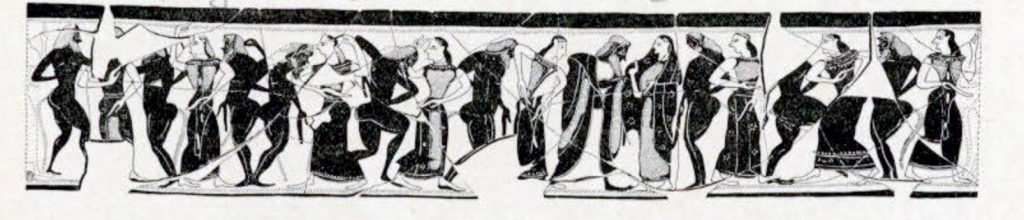 A drawing of the outside of a bowl showing dancing figures in various states of dress and undress