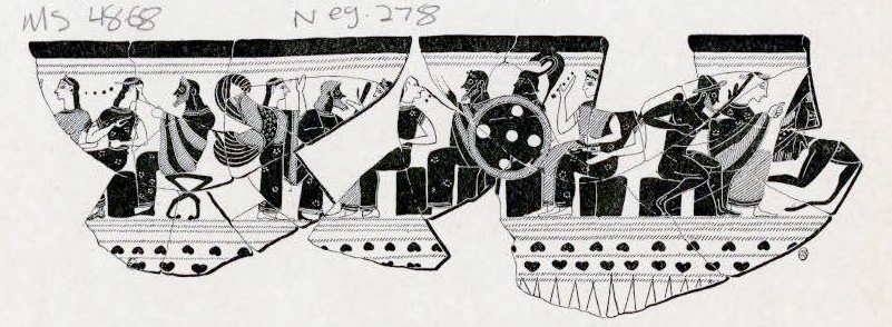 Drawing of the outside of a bowl showing soldiers and winged figures