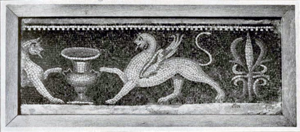 Mosaic of two griffins facing each other from either side of an urn