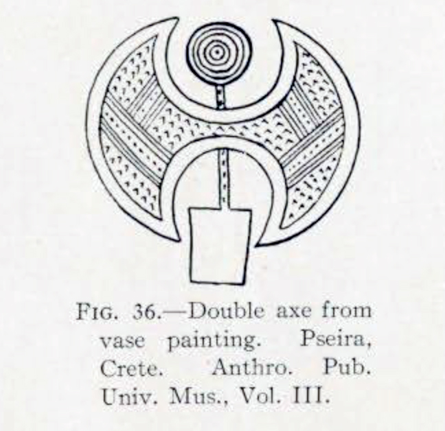 Drawing of a double bit axe from a painted vase, with concentric circles on the handle and linear patterns on the head