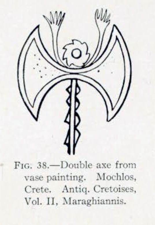 Drawing of a double bit axe from a painted vase with handle shaped like a flower