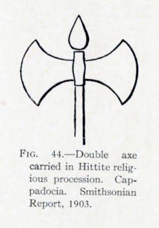 Drawing of a double bit axe with curved blades and a pointed handle