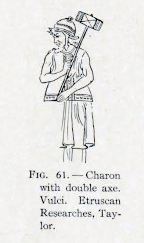 Drawing of Charon with a double axe carried over his shoulder
