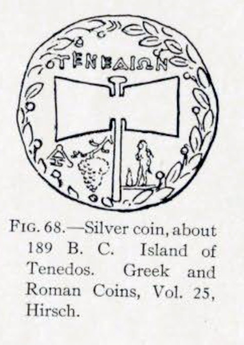 Drawing of a coin with a double bit axe and a laurel wreath border on it