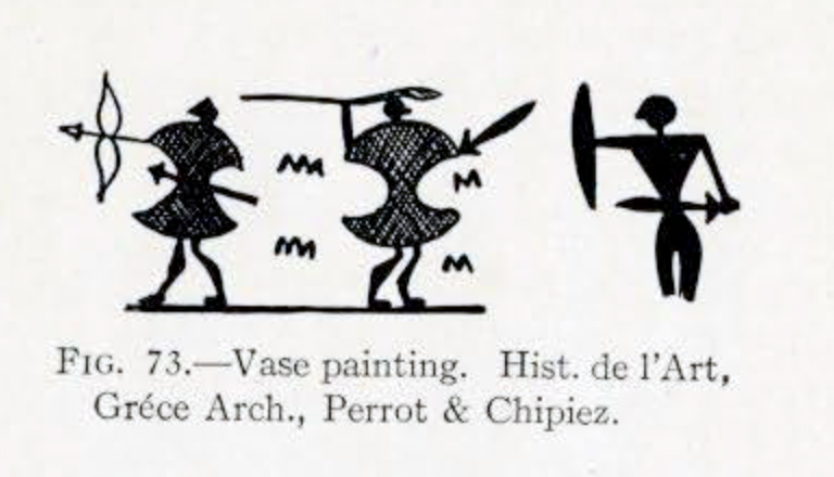 Drawing of a people fighting and using shields in the shape of double bit axe heads