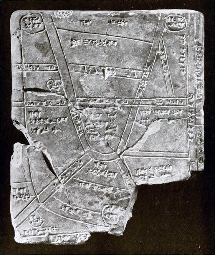 Clay tablet with cuneiform inscription showing a map of fields at Nippur, waterways drawn as they pass through fields, circles are villages