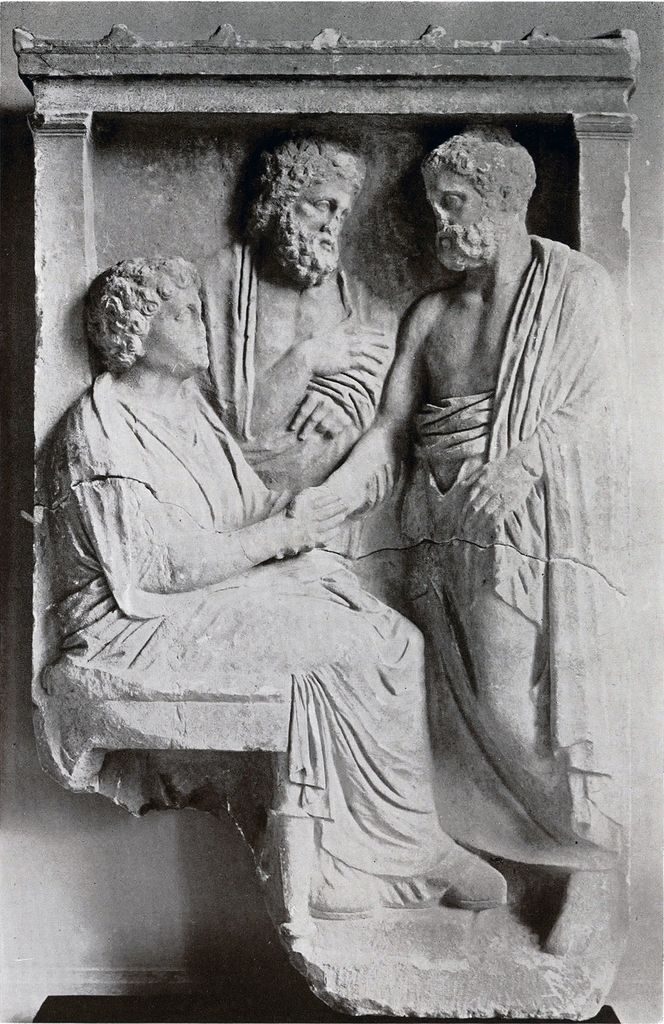 Pentelic marble stela of three figures, a seated woman and a man holding hands and a third watching