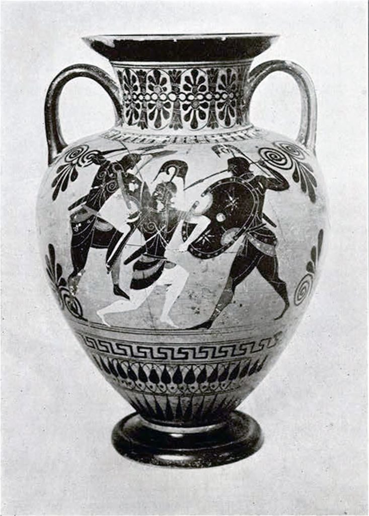 Black figure amphora with two handles showing two Greeks in combat with an Amazon from either side