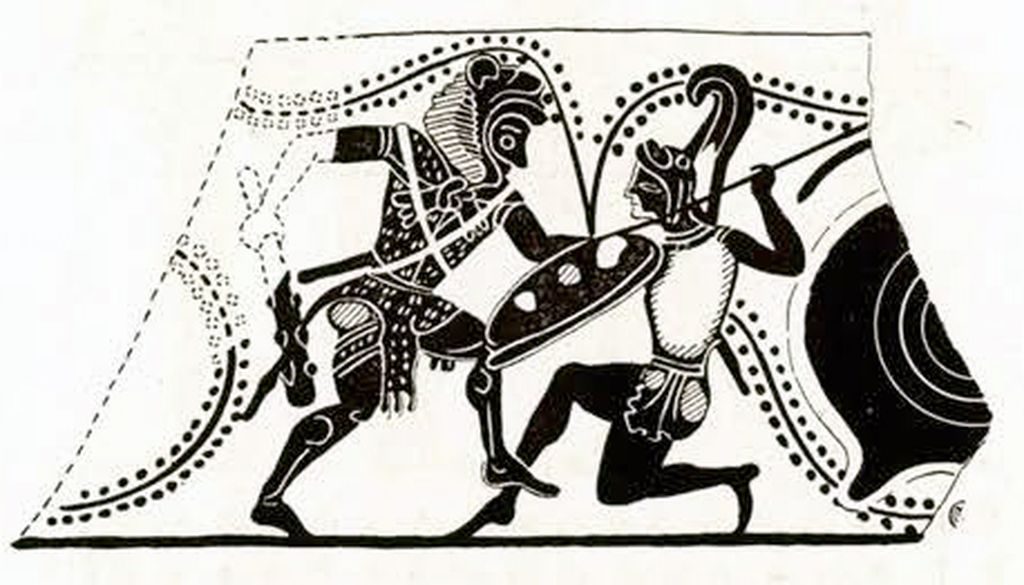 Drawing of a fragment of a kyathos showing Herakles and an Amazon in combat