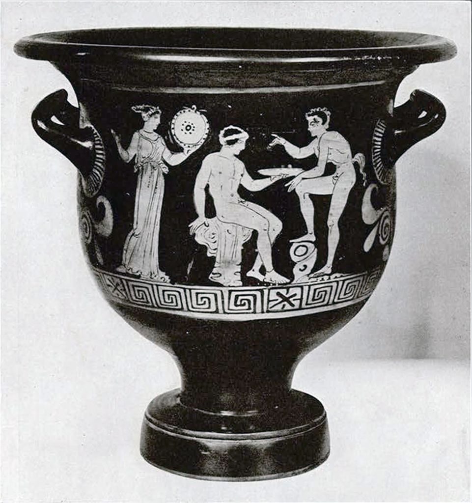 Two handled krater with a wide lip and band of figures around the middle