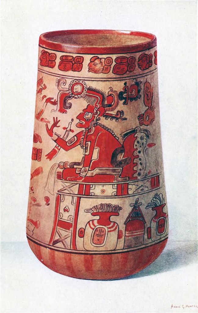Watercolor of a Mayan vase with bright red designs