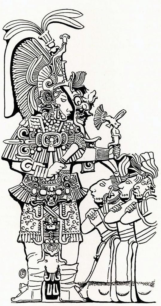 Drawing of a sculpture on a stela showing a man wearing a mask and three figures kneeling in front of him