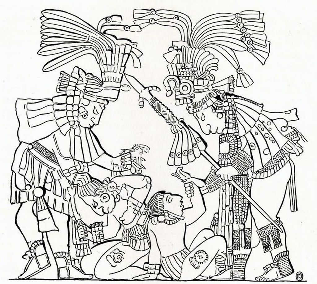Drawing of a relief on a door lintel showing two men taking captive two fallen men from another tribe
