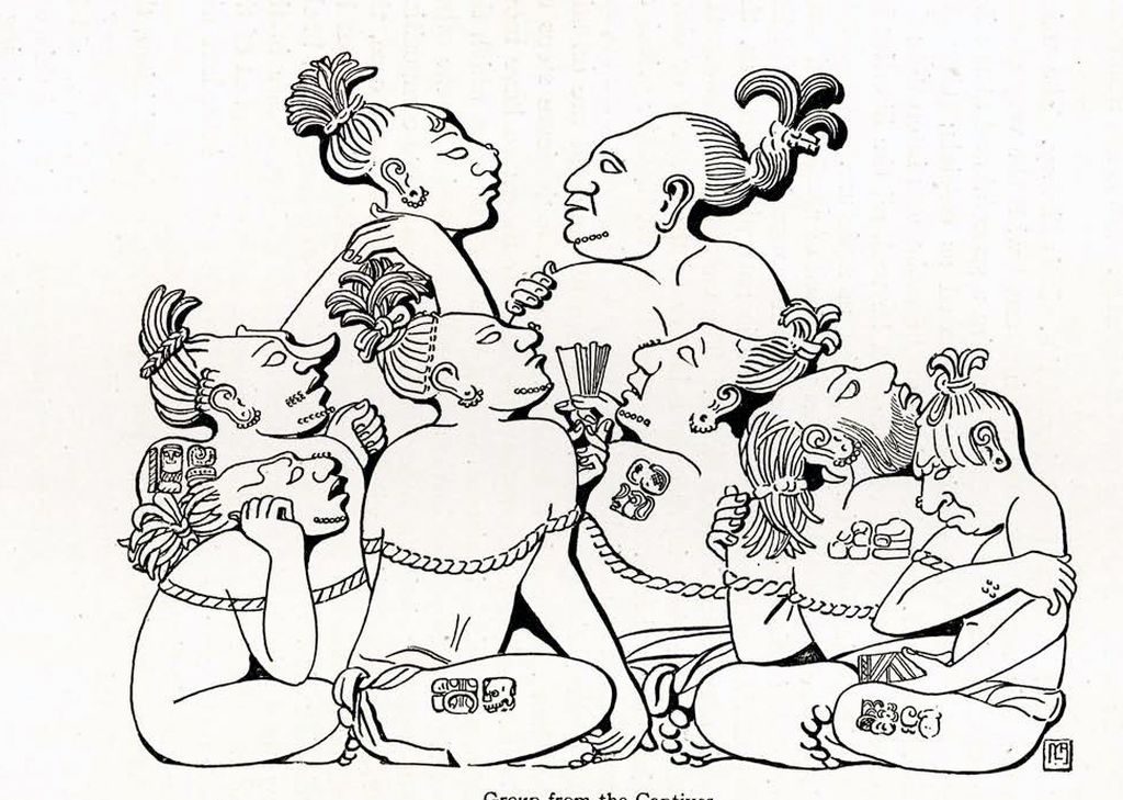 Detailed drawing of the eight less important captives from a stela