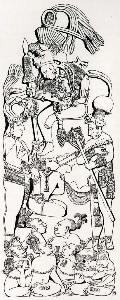 Drawing of part of a stela with a relief of a prince looking down upon a captive of importance and eight other less important captives
