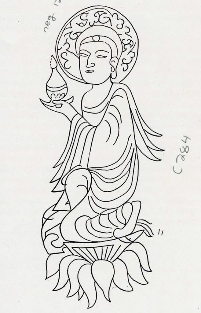 Drawing of an incised Bodhisattva holding a censer and sitting on a lotus