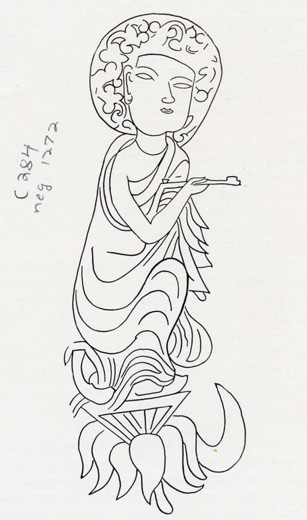 Drawing of a incised Bodhisattva brush of power sitting on a lotus