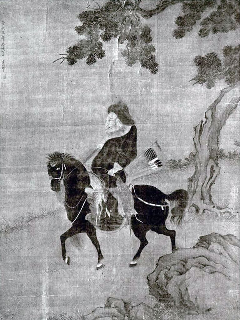 Ink on silk painting of a Tartar horseman on a Mongolian pony returning from a winter hunt
